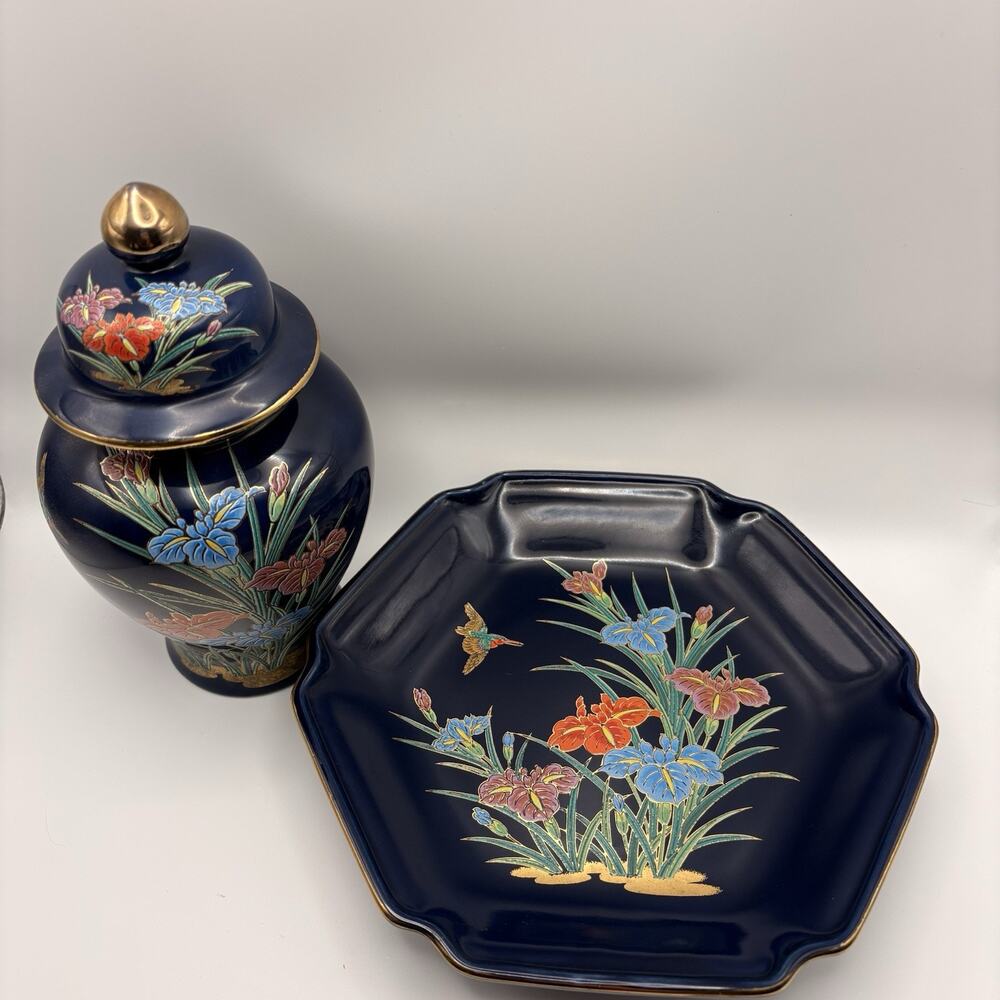 Toyo Japan Gosu Iris Hummingbird 8” Plate & Ginger Jar Urn Porcelain 22K Gold